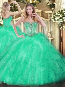 Apple Green 15 Quinceanera Dress Military Ball and Sweet 16 and Quinceanera with Beading and Ruffles Sweetheart Sleeveless Lace Up