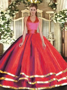 Ball Gowns Quinceanera Gowns Red Halter Top Tulle Sleeveless Floor Length Lace Up