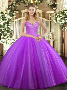 Custom Fit Ball Gowns 15 Quinceanera Dress Eggplant Purple V-neck Tulle Sleeveless Floor Length Lace Up