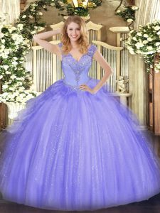 Best Selling Lavender V-neck Lace Up Beading Ball Gown Prom Dress Sleeveless