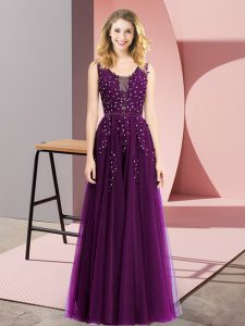 Shining Beading and Appliques Prom Party Dress Dark Purple Backless Sleeveless Floor Length