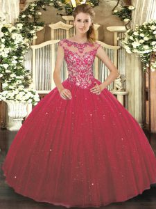 Cap Sleeves Floor Length Beading and Appliques Lace Up Quinceanera Dress with Wine Red