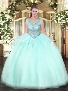 Designer Floor Length Ball Gowns Sleeveless Aqua Blue 15th Birthday Dress Lace Up