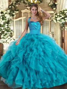 Graceful Teal Lace Up Halter Top Ruffles Quinceanera Gowns Tulle Sleeveless
