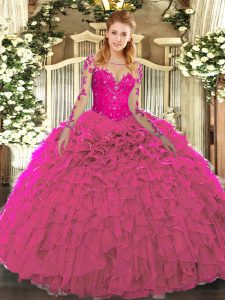 Organza Scoop Long Sleeves Lace Up Lace and Ruffles Quinceanera Dresses in Fuchsia