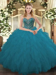 Fitting Teal Ball Gowns Tulle Sweetheart Sleeveless Beading and Ruffled Layers Floor Length Lace Up 15 Quinceanera Dress