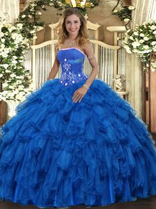 Deluxe Royal Blue Lace Up Strapless Beading and Ruffles Quinceanera Dresses Organza Sleeveless