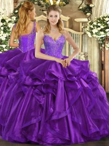 Eggplant Purple Ball Gowns Straps Sleeveless Organza Floor Length Lace Up Beading and Ruffles Quinceanera Gowns