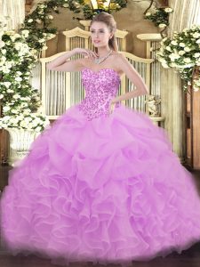 Floor Length Lace Up Quince Ball Gowns Lilac for Sweet 16 and Quinceanera with Lace and Ruffles and Pick Ups