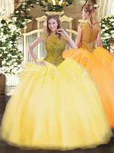 Gold Ball Gowns Scoop Cap Sleeves Organza Floor Length Zipper Beading and Appliques Sweet 16 Dresses