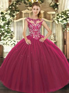 Fuchsia Cap Sleeves Tulle Lace Up Sweet 16 Quinceanera Dress for Sweet 16 and Quinceanera