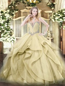 Comfortable Floor Length Yellow Sweet 16 Quinceanera Dress Tulle Sleeveless Beading and Ruffles