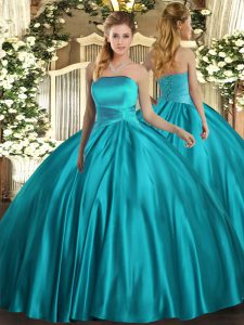 Teal Sleeveless Satin Lace Up Sweet 16 Dress for Military Ball and Sweet 16 and Quinceanera