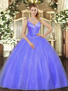 Custom Designed Lavender Tulle Lace Up V-neck Sleeveless Floor Length Quinceanera Gowns Beading