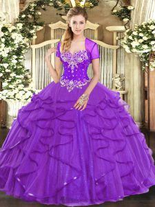 Purple Sweetheart Neckline Beading and Ruffles 15 Quinceanera Dress Sleeveless Lace Up