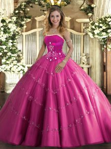 Hot Pink Strapless Neckline Beading and Appliques Quinceanera Dress Sleeveless Lace Up
