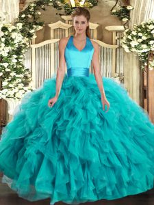 Turquoise Halter Top Lace Up Ruffles 15th Birthday Dress Sleeveless
