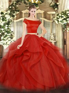 Short Sleeves Floor Length Appliques and Ruffles Zipper Quinceanera Dresses with Red