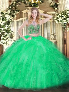 Adorable Floor Length Green Quinceanera Dress Tulle Sleeveless Beading and Ruffles