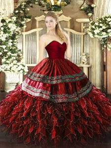 Fashion Wine Red Ball Gowns Sweetheart Sleeveless Organza and Taffeta Floor Length Zipper Embroidery and Ruffles 15 Quinceanera Dress