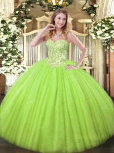 Fantastic Yellow Green Ball Gowns Tulle and Sequined Sweetheart Sleeveless Appliques Floor Length Lace Up Quince Ball Gowns