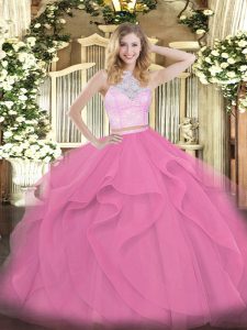 Cute Rose Pink Sleeveless Tulle Zipper Quinceanera Gowns for Military Ball and Sweet 16 and Quinceanera