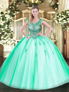 High Class Ball Gowns Quinceanera Dress Apple Green Scoop Tulle Sleeveless Floor Length Lace Up