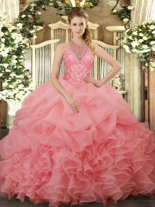 Watermelon Red Sweet 16 Quinceanera Dress Military Ball and Sweet 16 and Quinceanera with Beading and Ruffles and Pick Ups Halter Top Sleeveless Lace Up