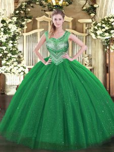 Floor Length Lace Up Ball Gown Prom Dress Dark Green for Sweet 16 and Quinceanera with Beading and Sequins
