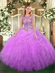 Sumptuous Sleeveless Tulle Floor Length Lace Up Sweet 16 Dress in Lilac with Beading and Ruffles