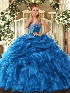Sexy Straps Sleeveless Organza Quinceanera Gowns Beading and Ruffles and Pick Ups Lace Up