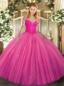 Hot Pink Quince Ball Gowns Military Ball and Sweet 16 and Quinceanera with Lace Scoop Long Sleeves Lace Up