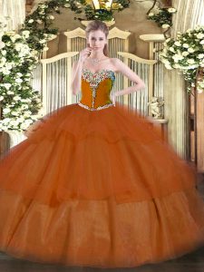 Classical Sweetheart Sleeveless Lace Up Quince Ball Gowns Rust Red Tulle
