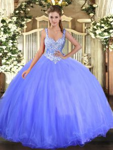Superior Sleeveless Tulle Floor Length Lace Up Quinceanera Dress in Blue with Beading