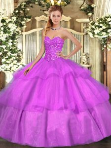 Lilac Ball Gowns Sweetheart Sleeveless Tulle Floor Length Lace Up Beading and Ruffled Layers Quinceanera Gowns