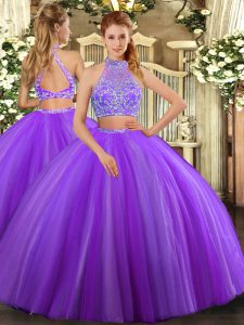 Lavender Sleeveless Floor Length Beading Criss Cross Quinceanera Gown