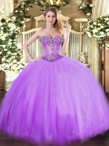 Flirting Sleeveless Tulle Floor Length Lace Up Quinceanera Gowns in Lavender with Beading