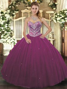 Burgundy Ball Gowns Beading Vestidos de Quinceanera Lace Up Tulle Sleeveless Floor Length