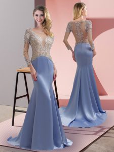 Lovely Elastic Woven Satin Scoop 3 4 Length Sleeve Brush Train Zipper Beading Prom Party Dress in Lavender