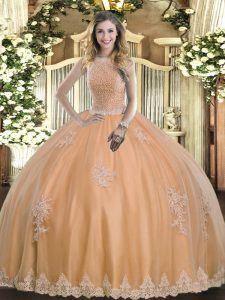 Excellent Ball Gowns Sweet 16 Dress Peach High-neck Tulle Sleeveless Floor Length Lace Up