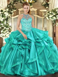 Modern Organza Halter Top Sleeveless Lace Up Beading and Embroidery and Ruffles Quinceanera Gown in Turquoise