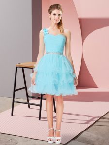 Affordable Aqua Blue Lace Up One Shoulder Beading and Ruffled Layers Prom Gown Organza Sleeveless