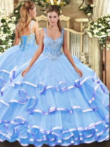 Blue Lace Up Straps Beading and Ruffled Layers Quinceanera Gowns Organza Sleeveless