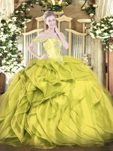 Exquisite Olive Green Lace Up Sweet 16 Quinceanera Dress Beading and Ruffles Sleeveless Floor Length