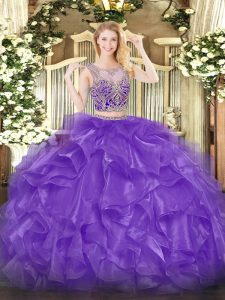 Fitting Floor Length Eggplant Purple Quinceanera Gown Scoop Sleeveless Lace Up