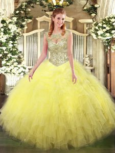 New Arrival Yellow Ball Gowns Tulle Scoop Sleeveless Beading and Ruffles Floor Length Lace Up Sweet 16 Dresses