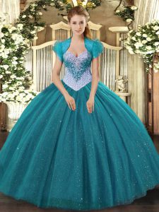 Custom Designed Teal Lace Up Sweetheart Beading and Sequins Quince Ball Gowns Tulle Sleeveless