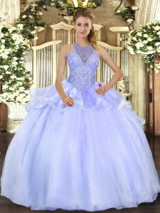 Organza Halter Top Sleeveless Lace Up Beading Vestidos de Quinceanera in Blue