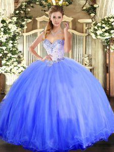 High Quality Blue Tulle Lace Up Vestidos de Quinceanera Sleeveless Floor Length Beading
