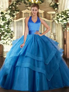 Glittering Blue Sleeveless Ruffled Layers Floor Length Quinceanera Dresses